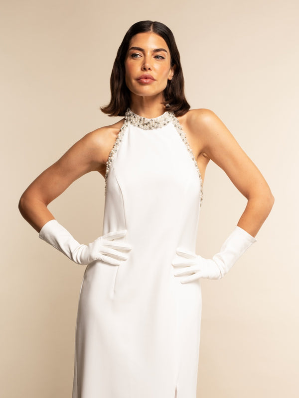 Angelina (weiß) - mit Seide gefütterte Braut- und Opernhandschuhe aus Leder in 6-Knopf-Länge