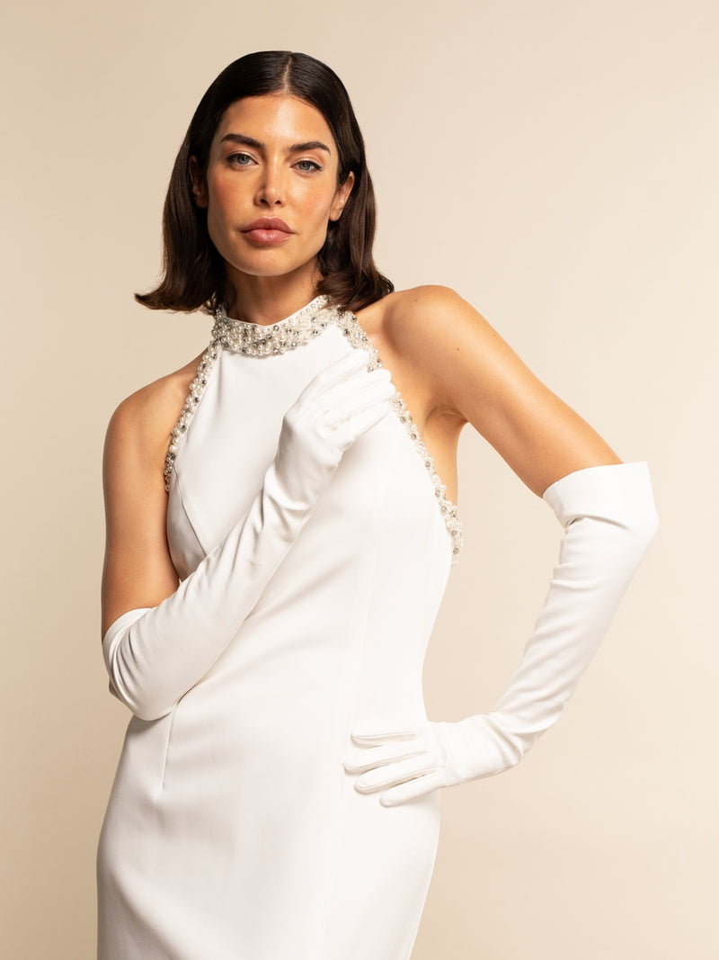 Gabriella (weiß) - ungefütterte 12-Knopf- Braut-/Opernhandschuhe aus Leder