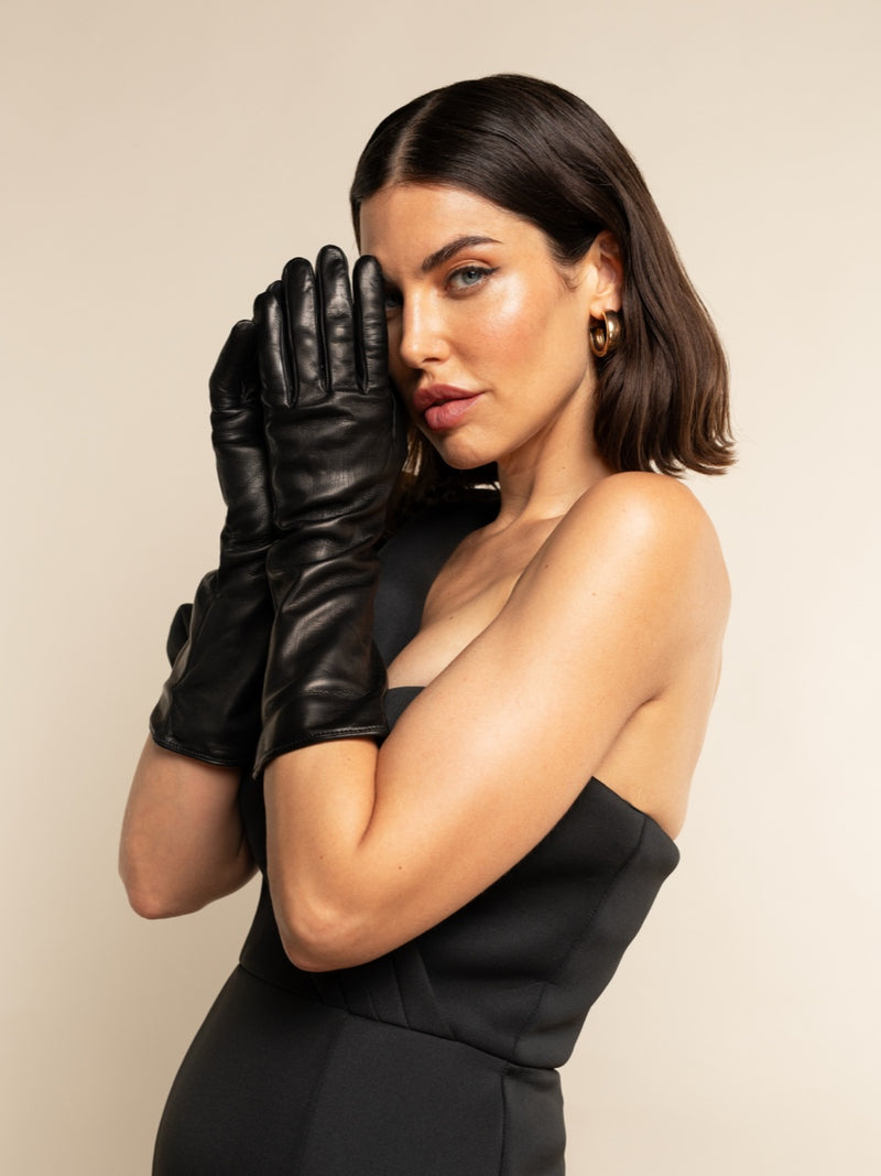 Lucia (schwarz) - ungefütterte 6-Knopf-Länge Leder-Opernhandschuhe