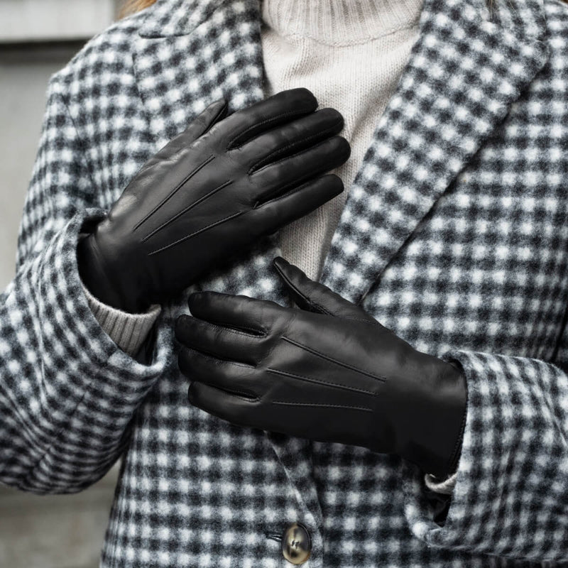 Francesca (Schwarz) - Handschuhe aus Lammleder mit weißem Fellfutter