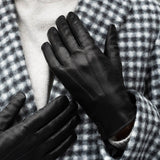 Francesca (Schwarz) - Handschuhe aus Lammleder mit braunem Fellfutter