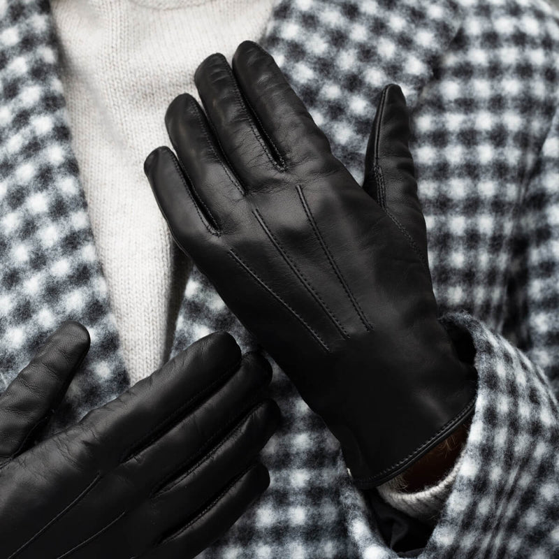 Francesca (Schwarz) - Handschuhe aus Lammleder mit braunem Fellfutter