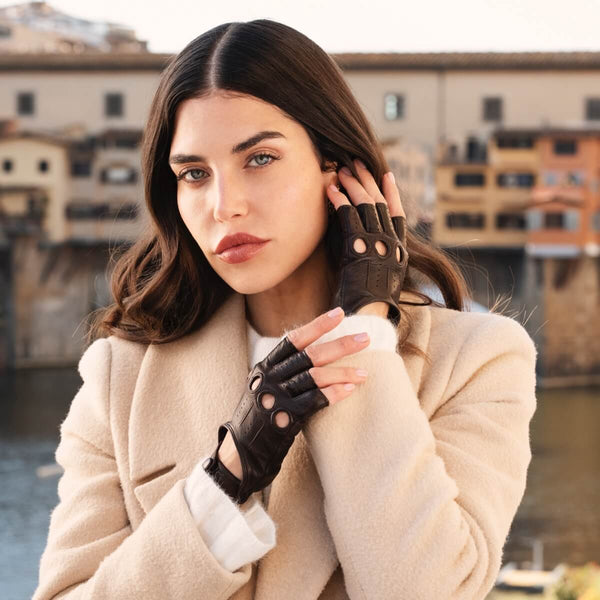 Autohandschuhe Damen Dunkelbraun Fingerlos - Handgefertigt in Italien – Luxus Lederhandschuhe - Handgefertigt in Italien – Fratelli Orsini® - 2